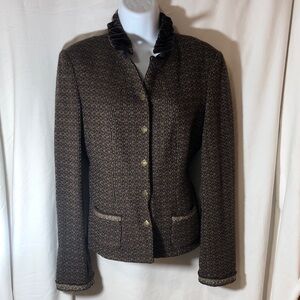 Trifari Dark Brown Fitted Textured Blazer With Velvet Crunch Collar & Cuffs